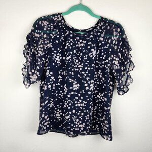 Madewell Ruffle Sleeve Blouse Top in Drifting Petals Paintbrush Dot Navy sz M